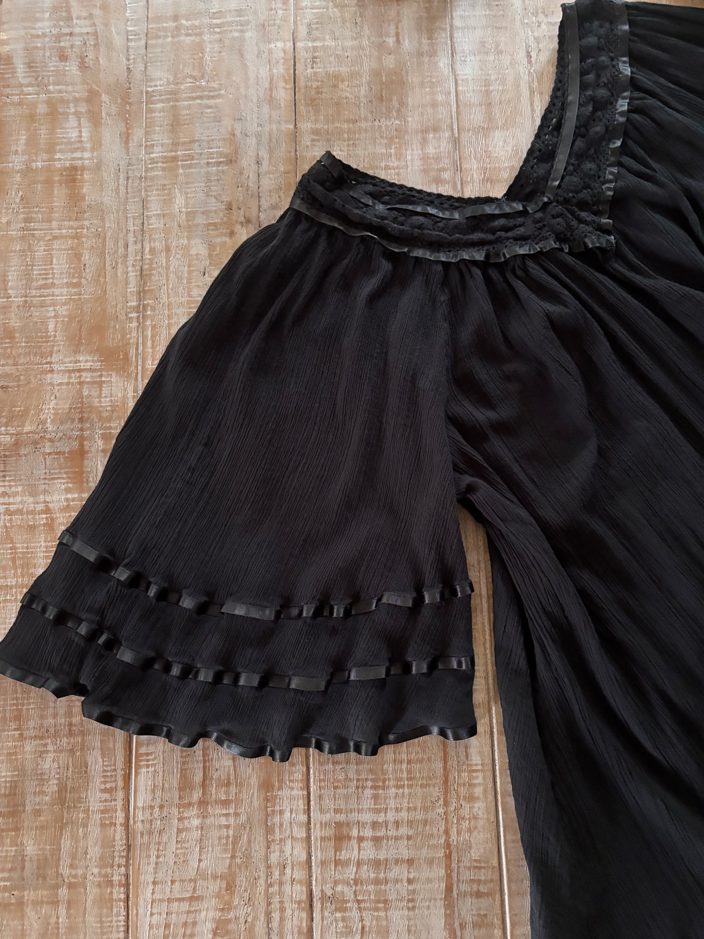 Vintage Black Mexican Gauze Cotton Gown - Angel Sleeve Crinkle Crochet Satin Ribbon Kaftan Tent Sundress One Size XS to XL