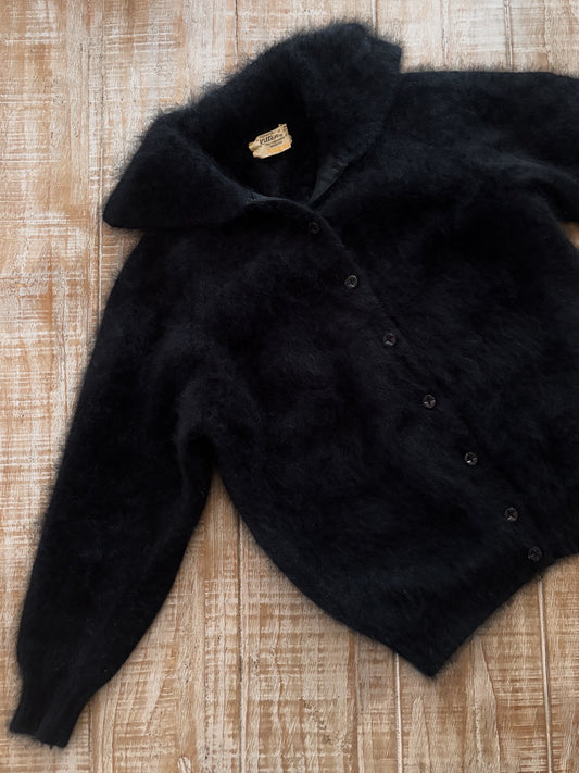 Vintage 1950s Angora Sweater - Rare Black Fuzzy "Kitten" Cardigan Bombshell Dream Size S to L