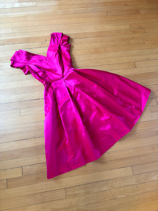 Vintage 1960s Dress - Stunning Bright Fuchsia Satin Designer Princess Party Dress Size S to M