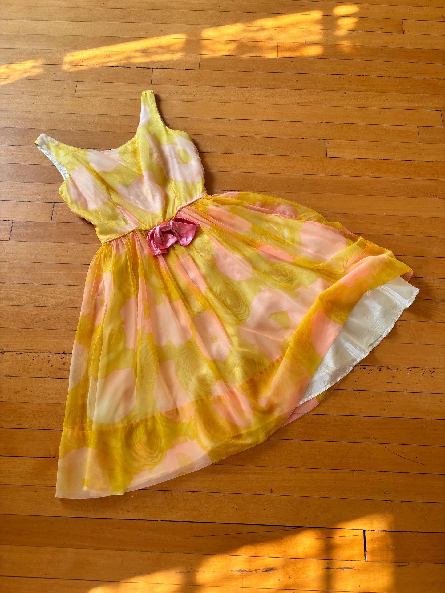 Vintage 1960s Dress - Vivacious Chartreuse Yellow Melon Pink Chiffon Cocktail Party Sundress Size S
