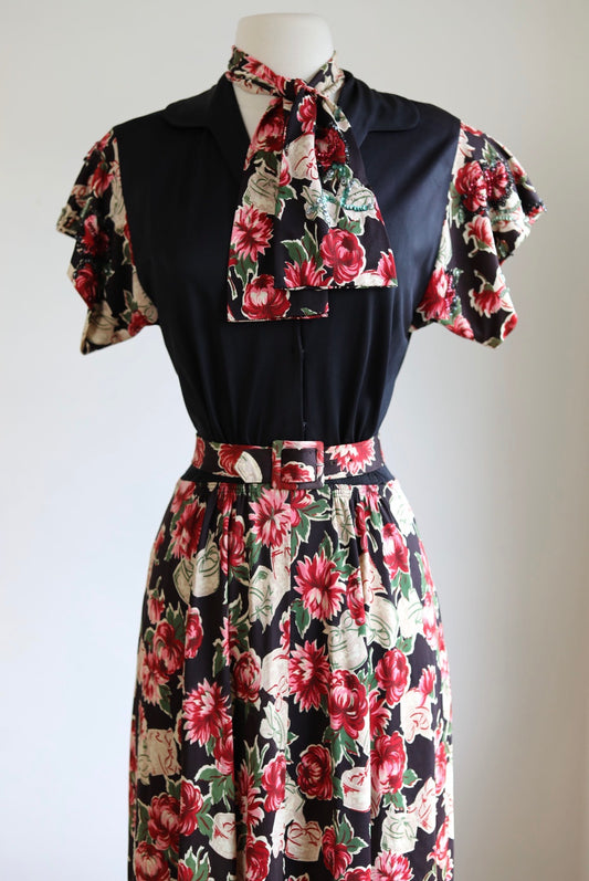 Vintage 1930s to 1940s Dress - Slinky Black Wine Red Emerald Rayon Jersey Novelty Gift Gown w Sequins Size M