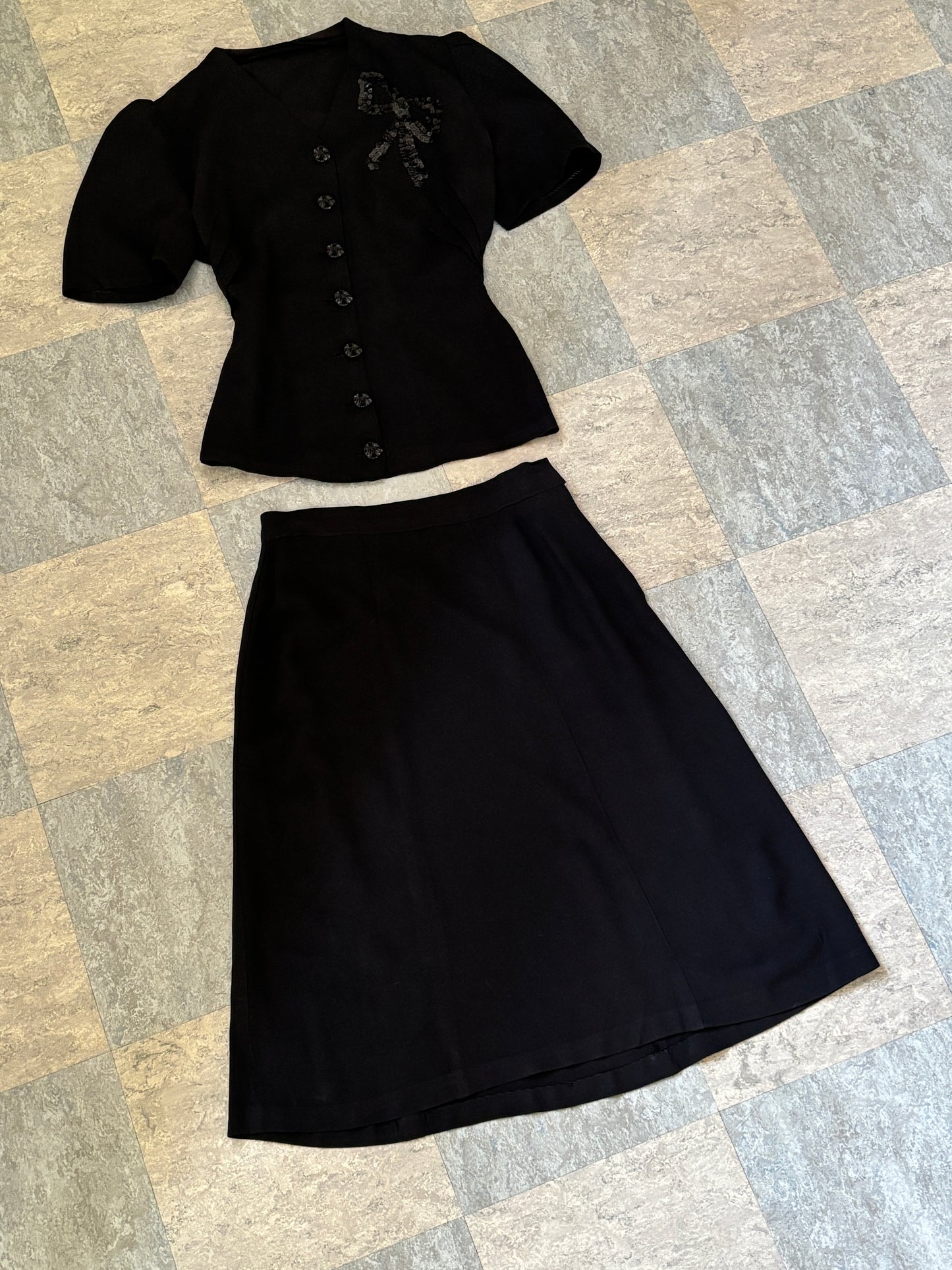 Vintage 1930s to 1940s Dress Set - Black Rayon w Sequin "Bow" + Novelty Celluloid Buttons Blouse Skirt Suit Size S
