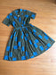 Vintage 1950s Dress - Volup! Black Blue Olive Heraldic Iron Gate Print Cotton Shirtwaist Size L to XL