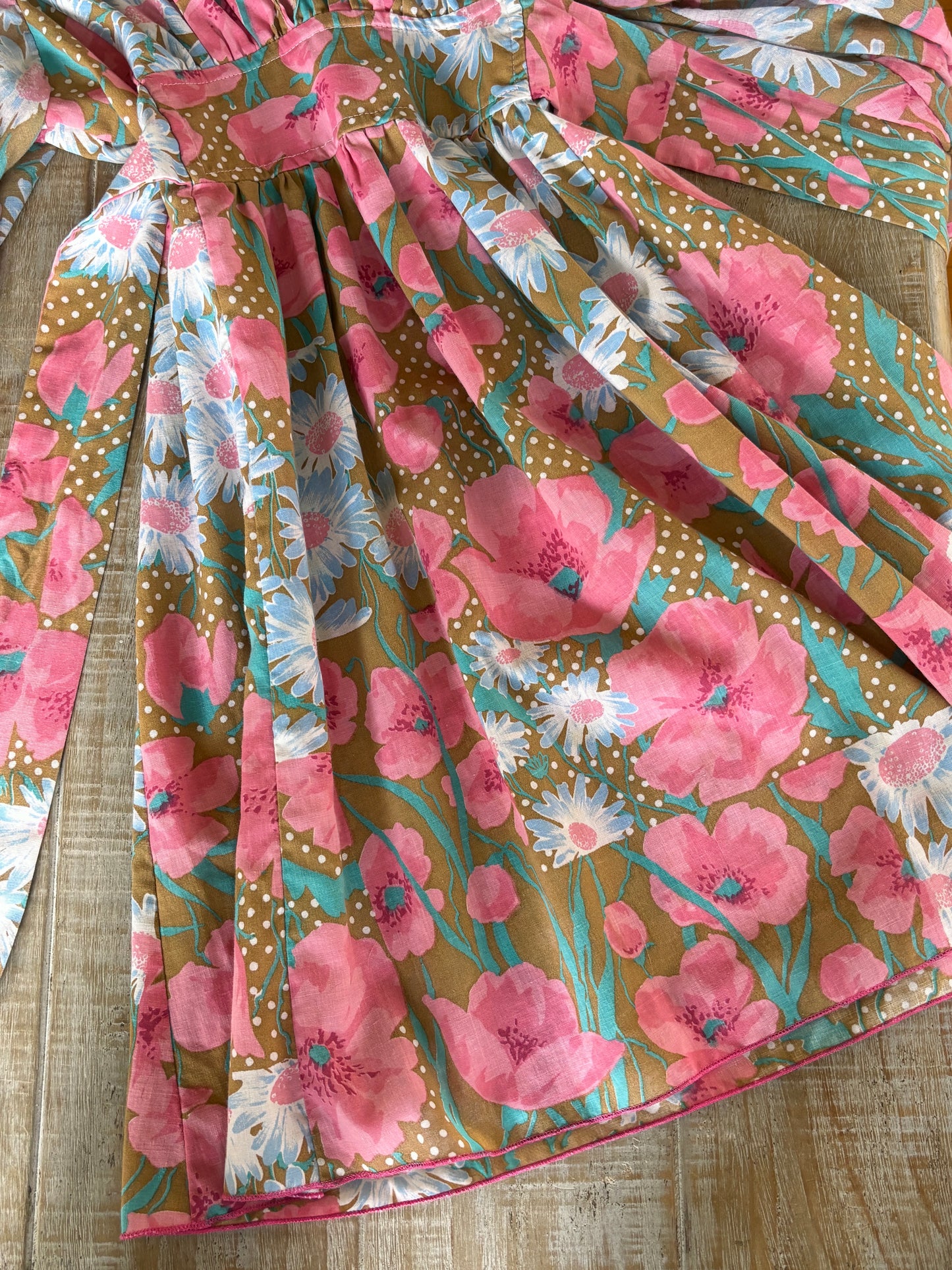 Vintage 1970s Angel Sleeve Dress - Most Beautiful Pink Golden Olive Poppy Daisy Print Gauze Cotton Belted Mini Size S to M