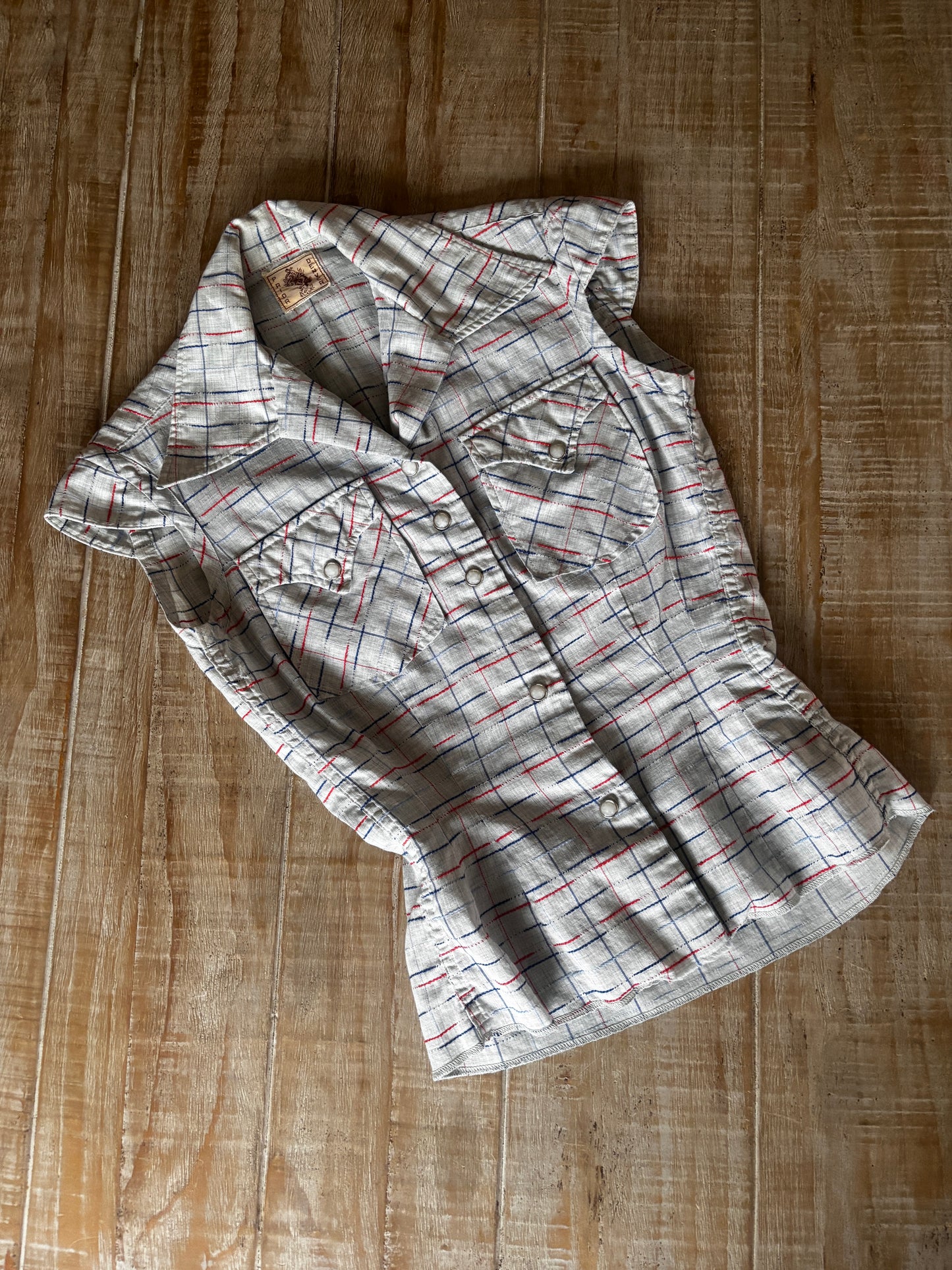 Vintage 1950s Western Blouse - Broken Stripe Designer Fitted Pale Blue Cotton Pearl Snaps Size XS