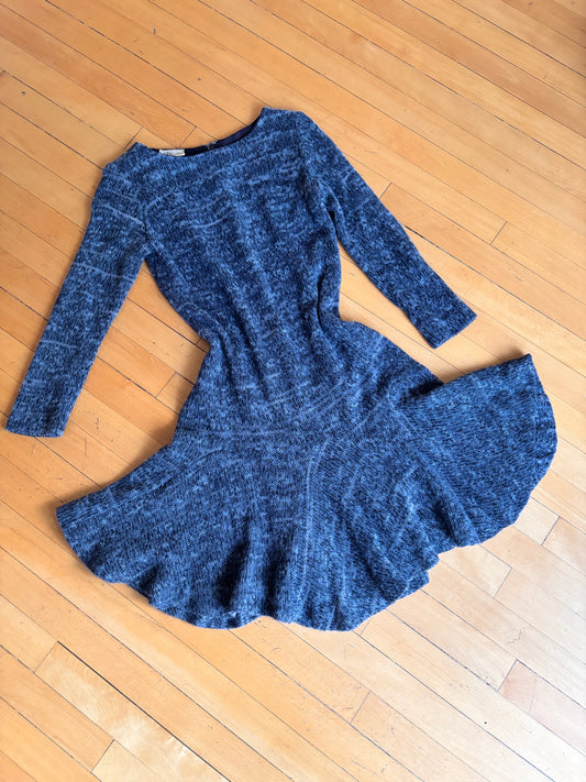 Vintage 1960s to 1970s Knit Dress - Slinky, Cozy Saba Designer Space Dye Knitwear Stormy Gray + Charcoal w Flippy Skirt Size M to L