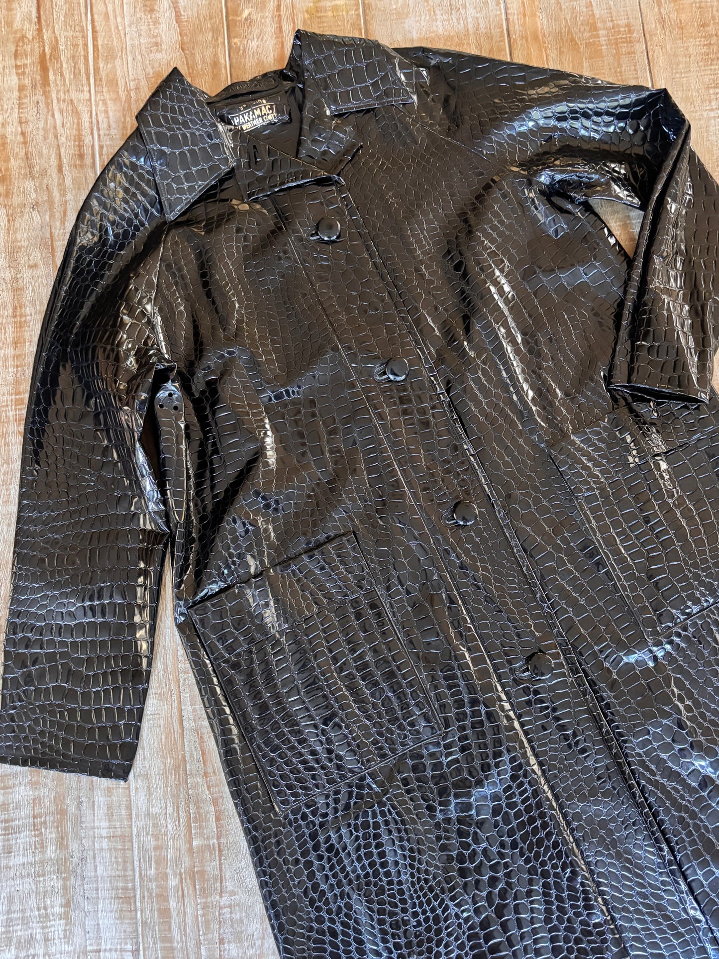Vintage Early 1960s Wet Look Raincoat - Shiny British Black Vinyl Crocodile Fetish Rainwear All-Weather Coat Size M to L