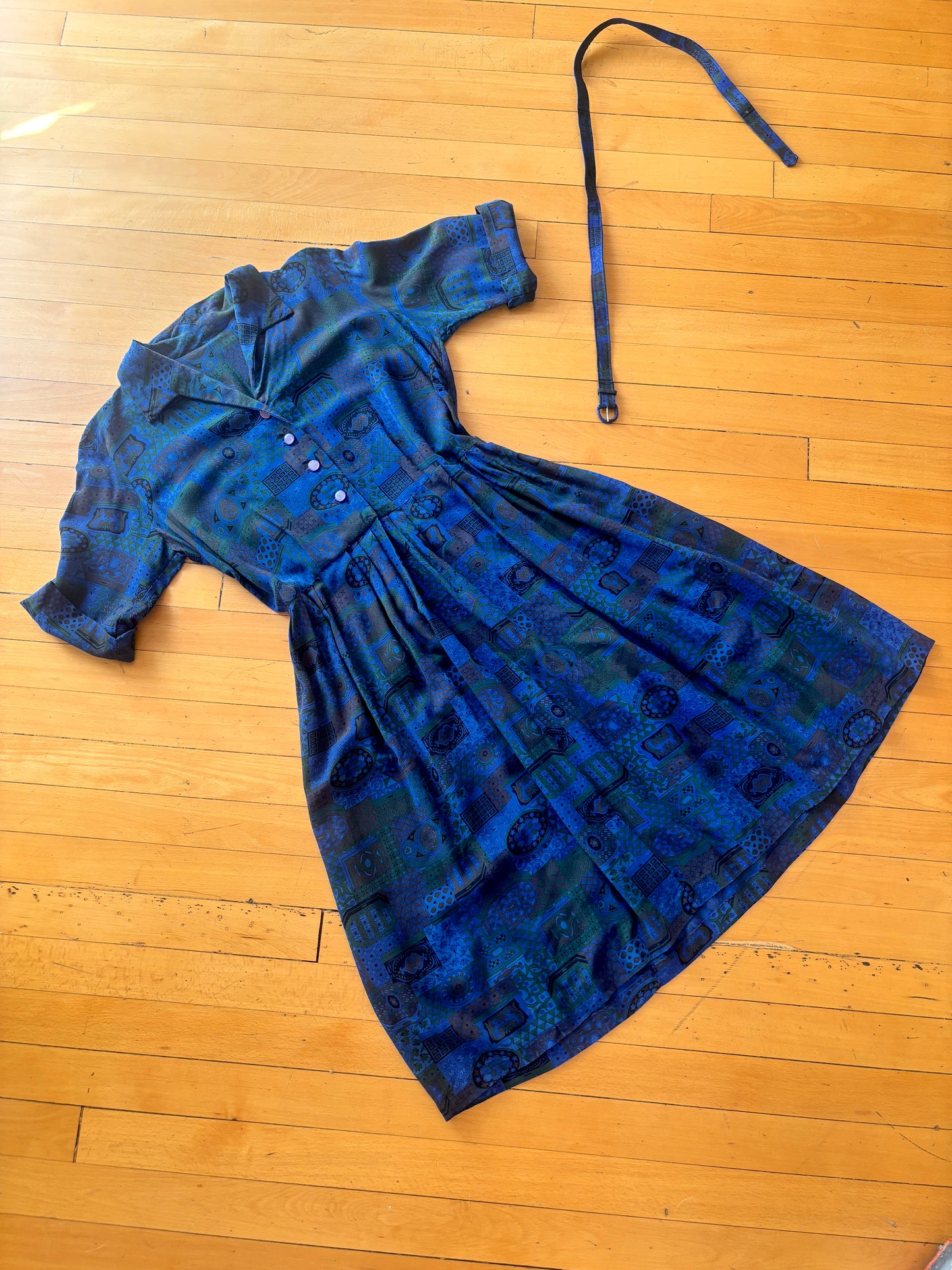 Vintage 1950s to 1960s Dress - Volup! Soft Rayon Cobalt Blue w Pine Baroque Print Belted Shirtwaist Size L to XL