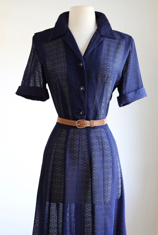 Vintage 1940s Dress - Simple Perfection! Dark Blue Sheer Sculpted Shirtwaist w Celluloid Rhinestone Size M