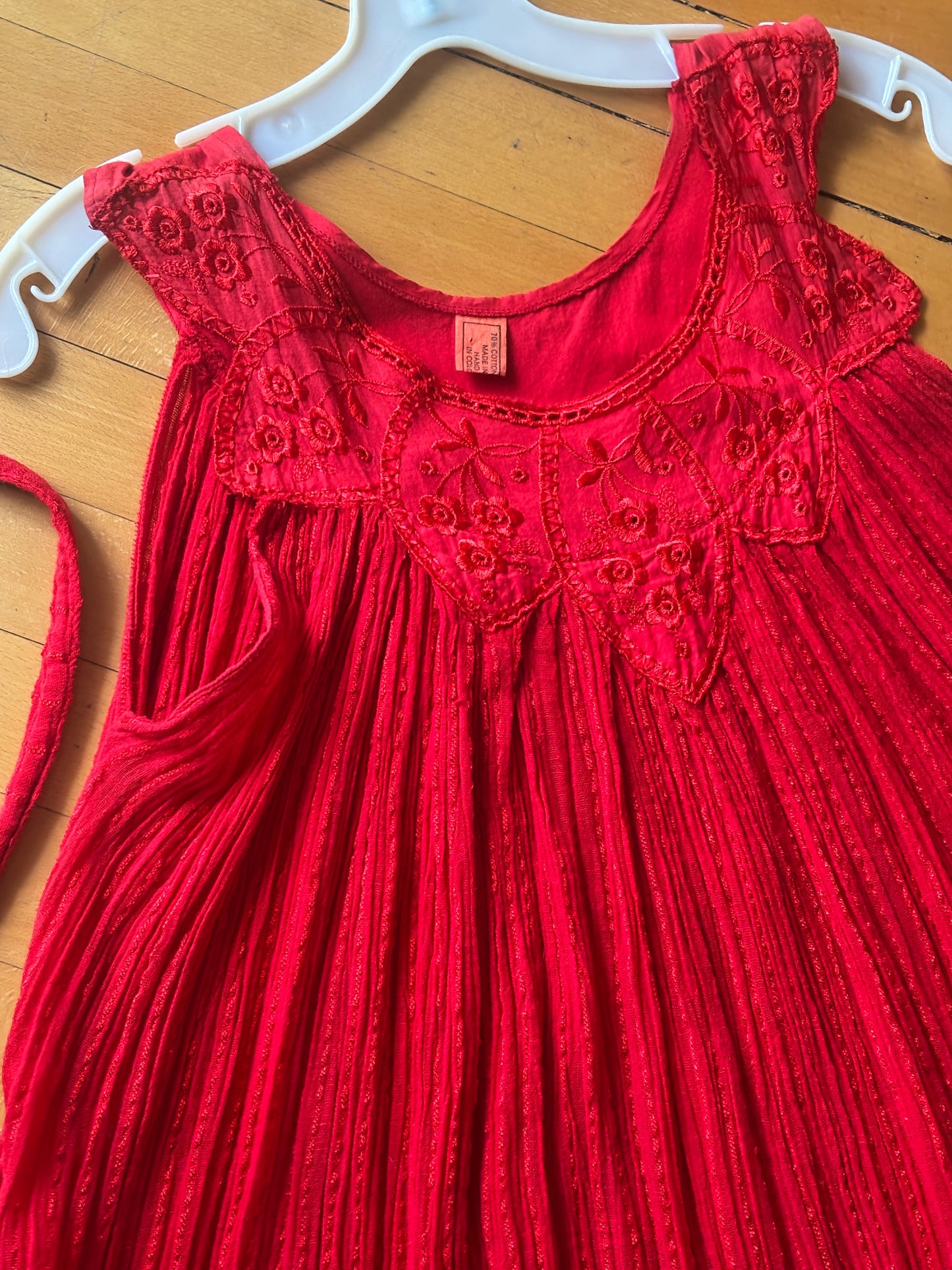 Vintage 1970s to 1980s Maxi Dress - Greek Gauze Cotton Red Embroidery Eyelet Roses Kaftan Crinkle w Belt Fits S to L