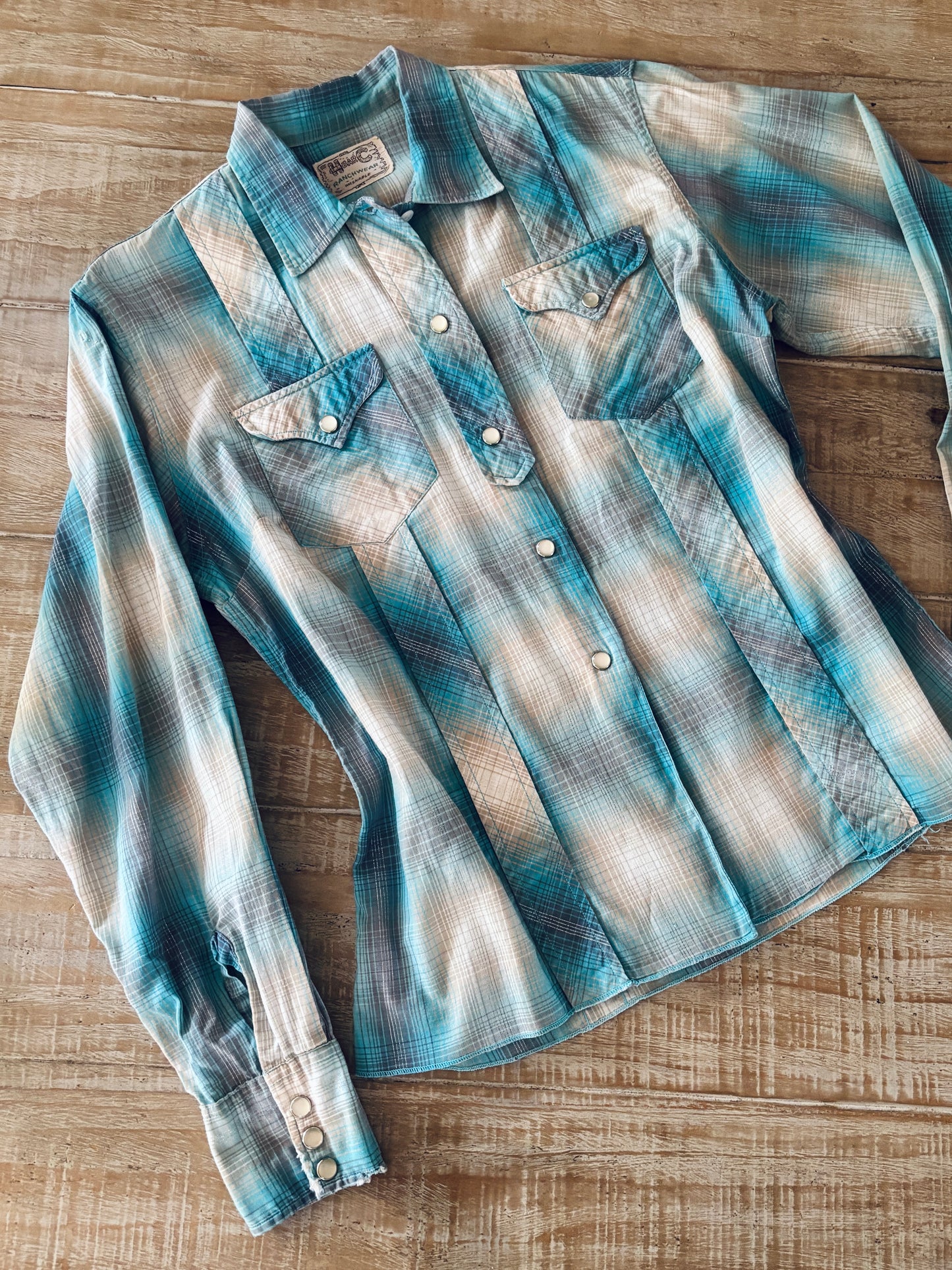 Vintage 1950s to 1960s H Bar C Blouse - Aqua Silver Western Cotton Fitted Pearl Snap Top Size S to M