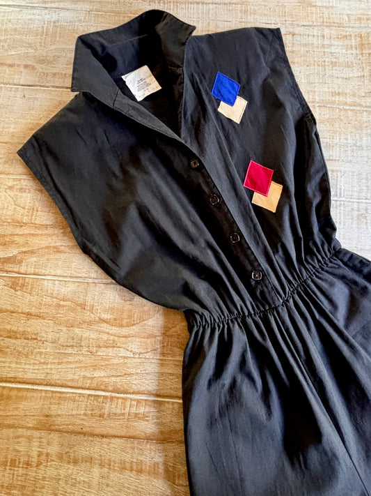 Vintage 1970s does 1950s Jumpsuit - Black Cotton Rockabilly Atomic Diamond Appliques Romper Size XS to S