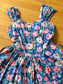 Vintage 1980s Dress - French Blue Pink Red Rose Print Robbie Bee Cotton Princess Belted Sundress Size M to L