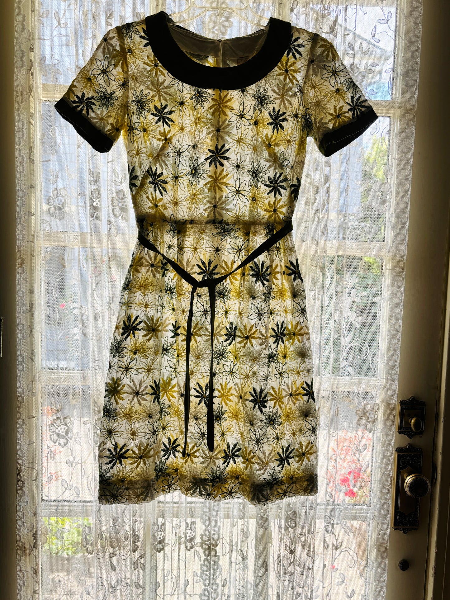 Vintage 1960s Dress - Lemon + Olive Embroidered Cotton + Butcher Linen Belted Dress Size M to L