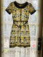 Vintage 1960s Dress - Lemon + Olive Embroidered Cotton + Butcher Linen Belted Dress Size M to L