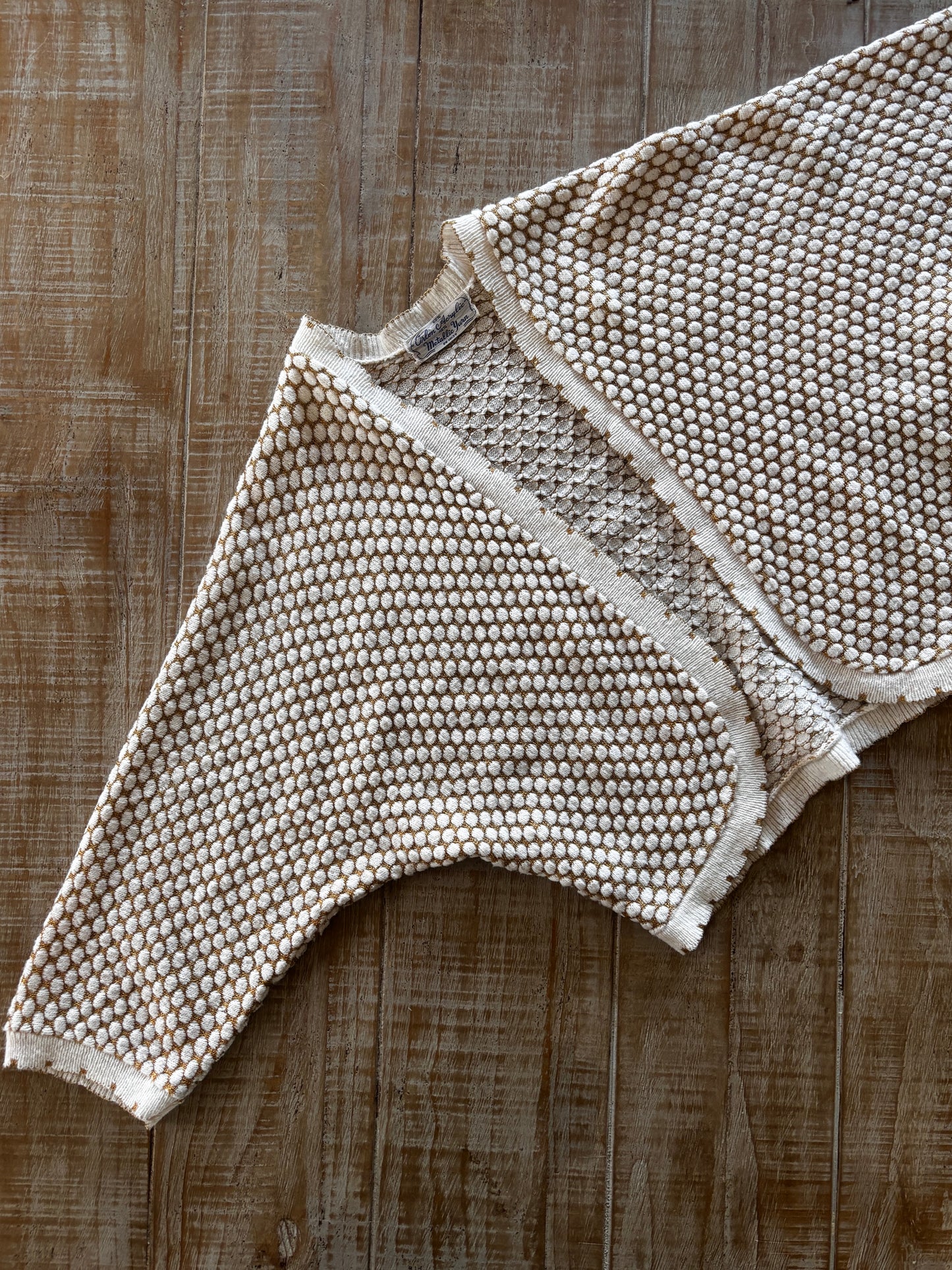 Vintage 1950s Knit Bolero Sweater - Cream w Sparkling Gold Metallic Lurex Honeycomb Knitwear Cardigan Size S to L