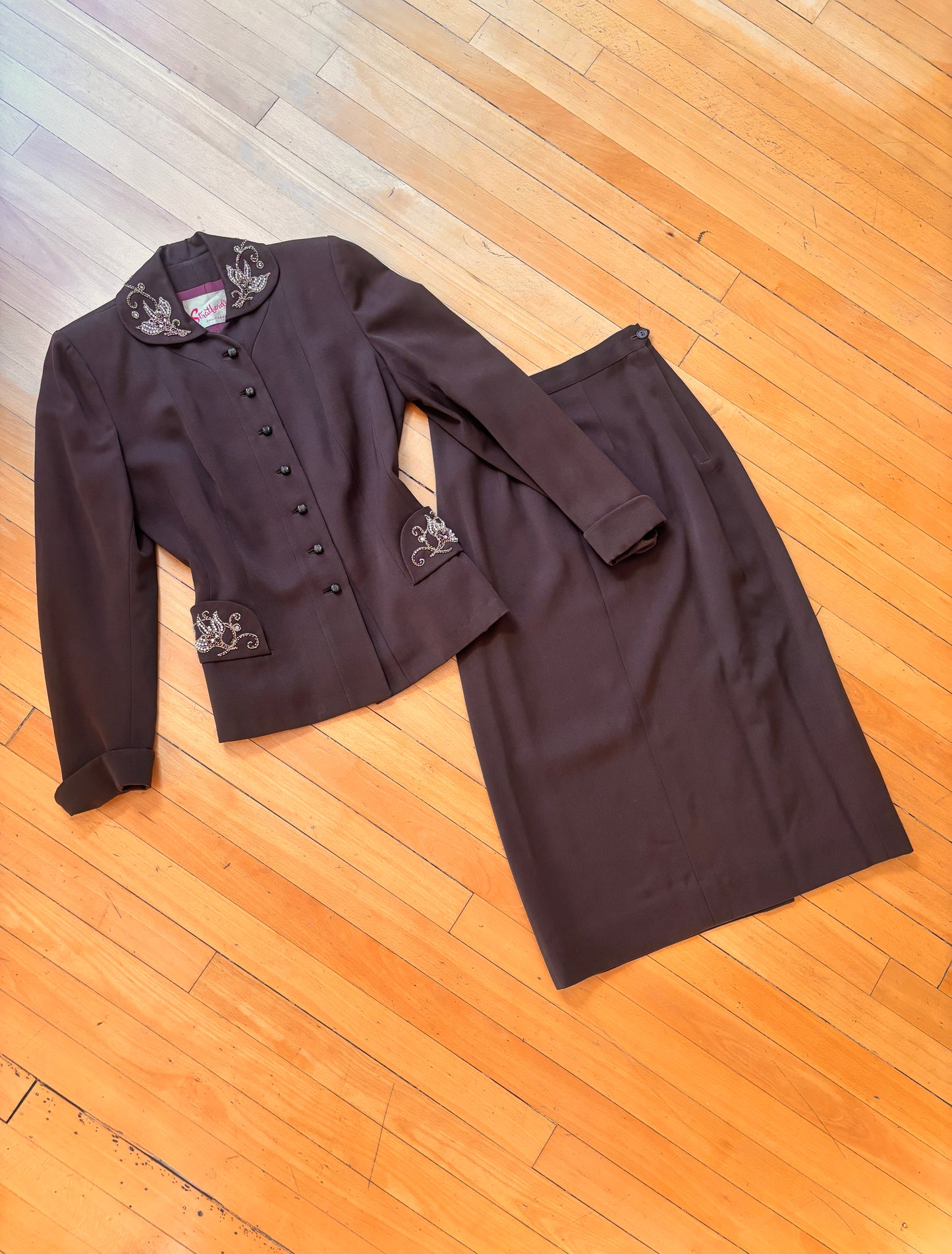 Vintage 1940s Suit - Stunning Chocolate Gabardine Wool Designer Blazer Jacket Skirt w Beaded Lotus Size S to M