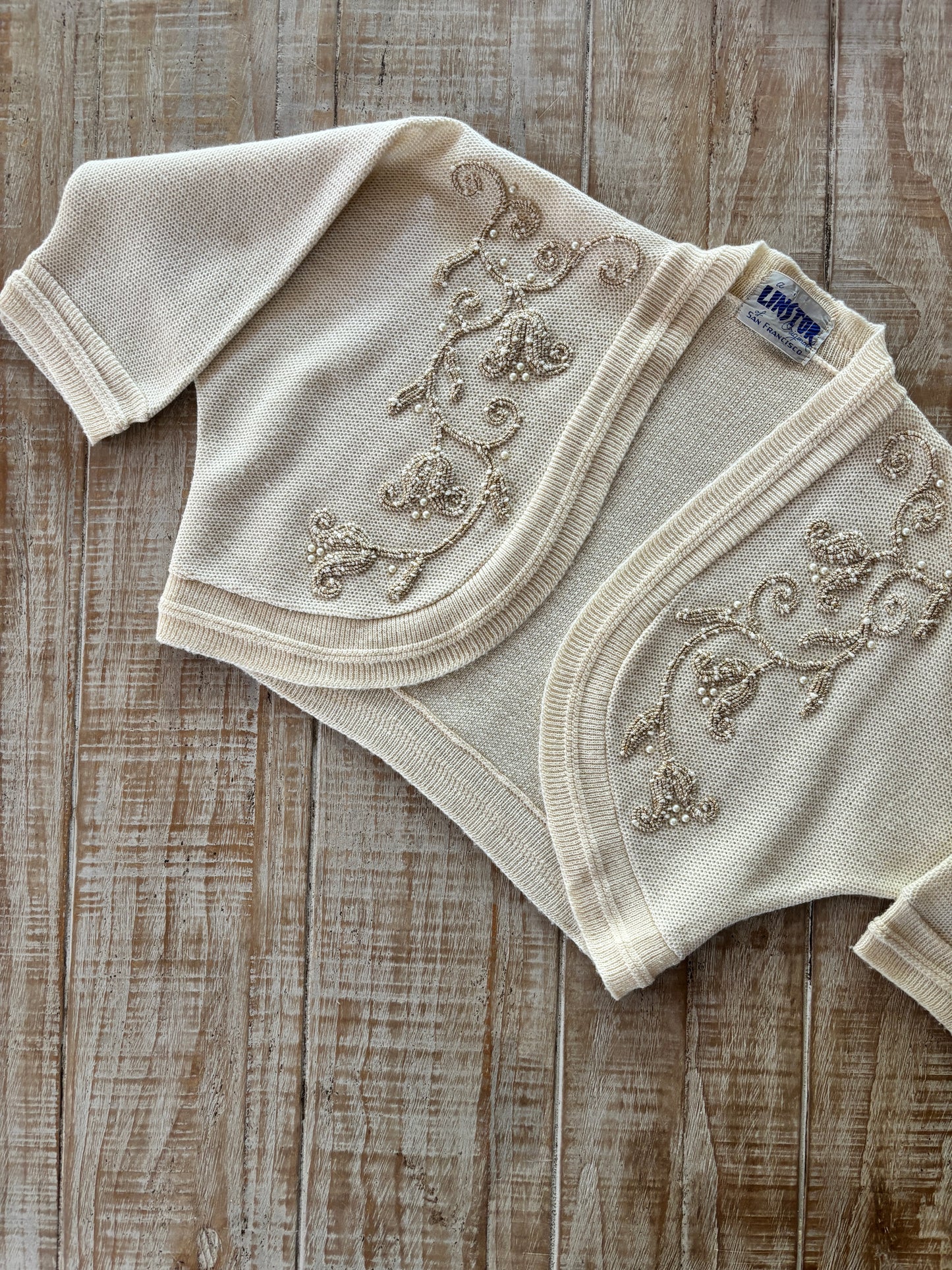 Vintage 1950s Knit Bolero Sweater - Cream w Sparkling Gold Metallic Lurex Vines Knitwear Cardigan Size S to L