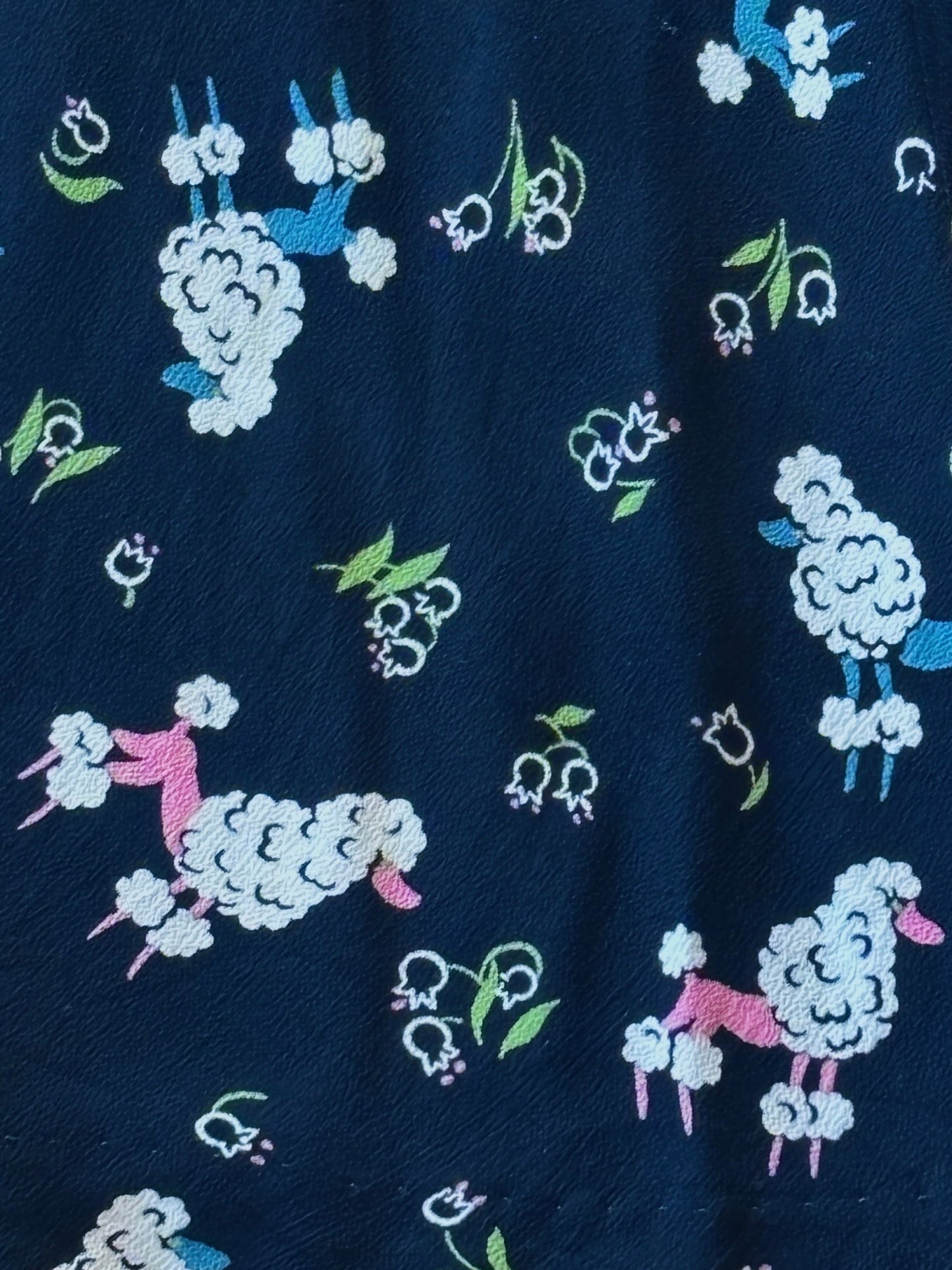 Vintage 1940s Dress - Charming French Poodle Novelty Print Navy Pastel Rayon Swing Dress Size S