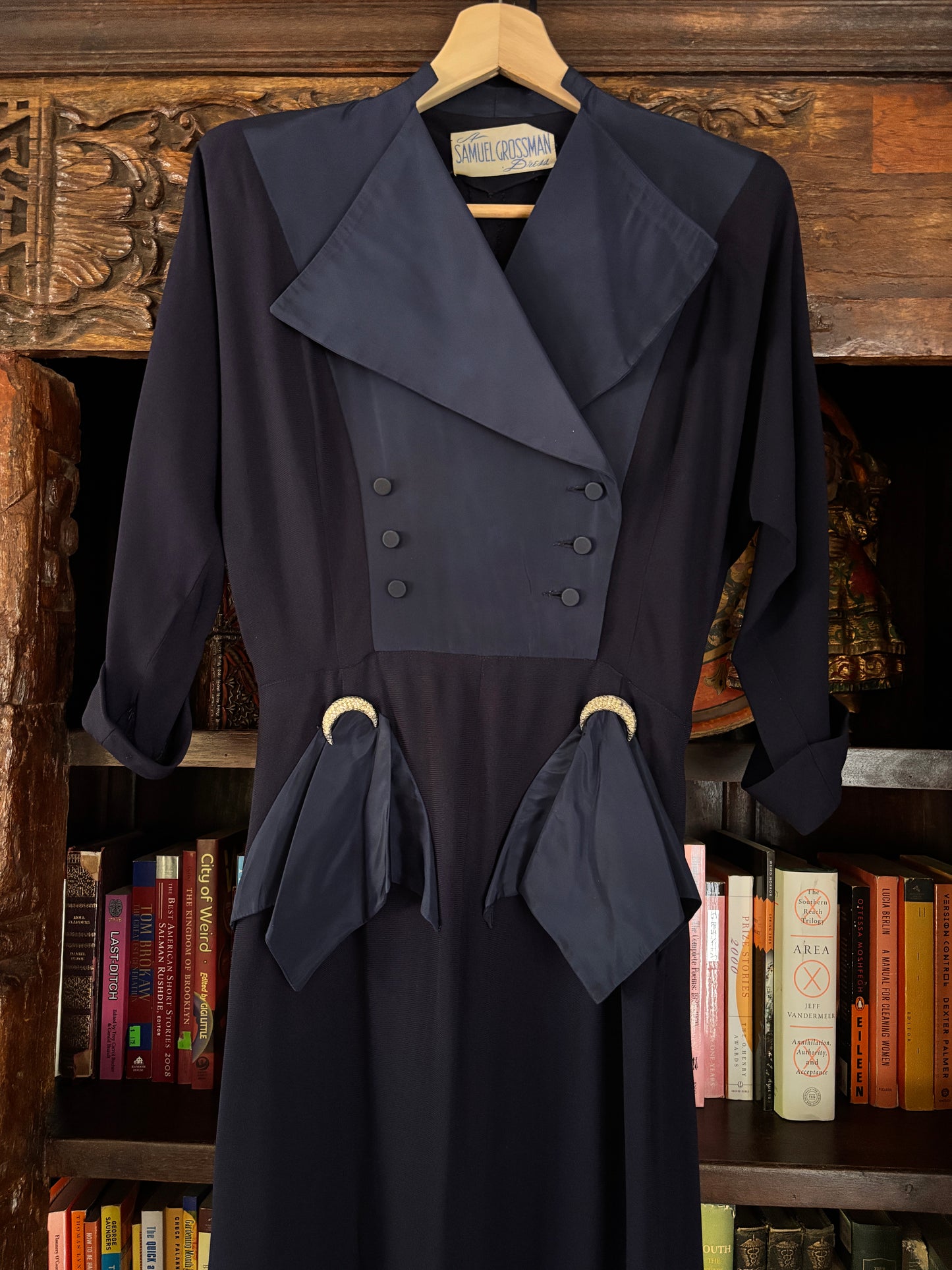Vintage 1940s Designer Dress - Stellar High-Style Blue Rayon/Taffeta Samuel Grossman w Witchy Crescent Moons Size XS to Small