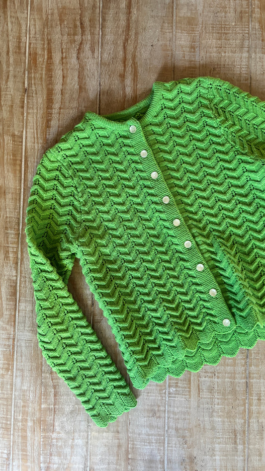 Vintage 1950s Sweater - Adorable Lime Green Wool Hand-Knit Sporty Cardigan w Lucite Size XS to M
