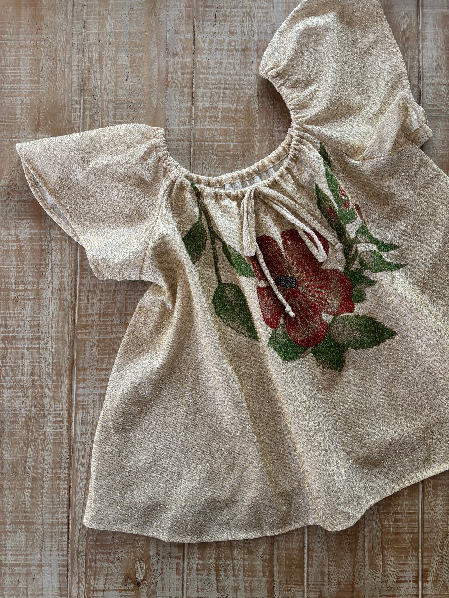 Vintage 1970s Lurex Blouse - Golden Metallic Cream Designer Top w Hibiscus Size S to L