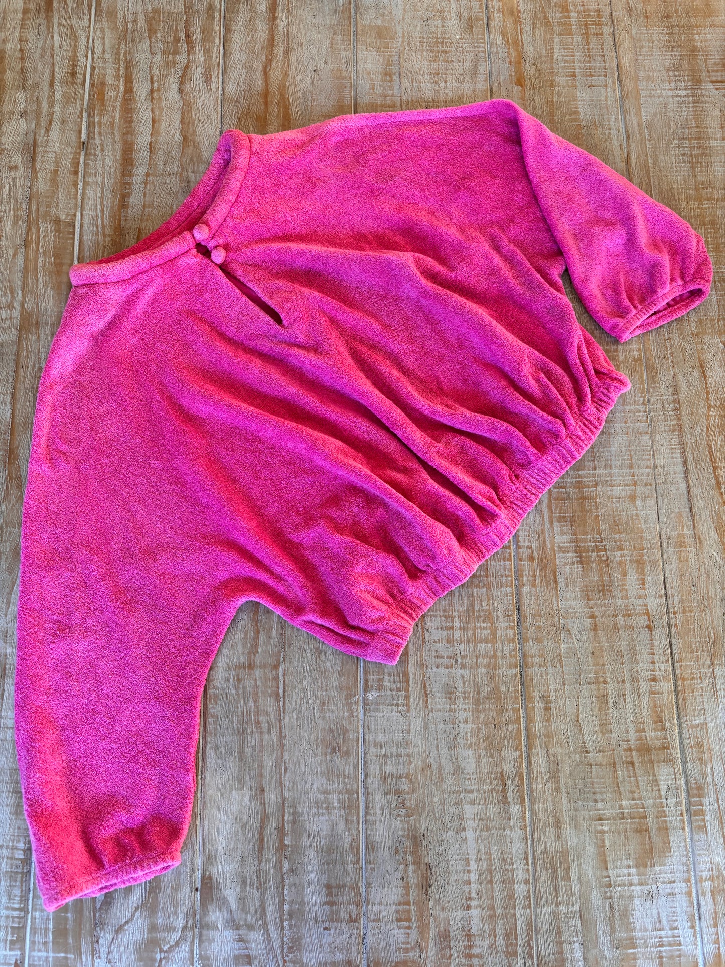 Vintage 1960s Blouse - Documented 1966 Shocking Pink Terry Cloth Knit Rockabilly Designer Batwing Sweater Top Size M to XL