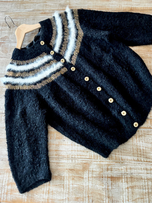 Vintage 1950s Sweater - Shaggy Black Mohair Wool w Angora Bunny Fur Trim + Gold Fishnet Cardigan Size M to L