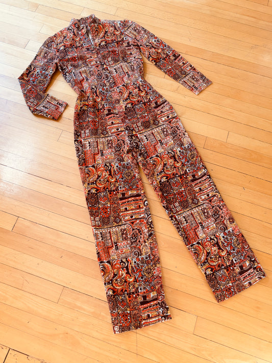 Vintage 1960s O-Ring Jumpsuit - Rare Autumn Colors Cotton Corduroy Romper w Metal Front Zipper Size S to M