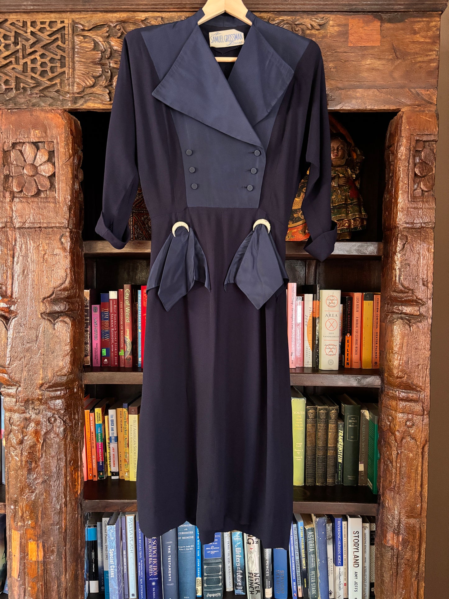 Vintage 1940s Designer Dress - Stellar High-Style Blue Rayon/Taffeta Samuel Grossman w Witchy Crescent Moons Size XS to Small
