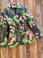 Vintage 1970s Quilted Jacket - Very Special Artsy "The Yard Birds" Black Chintz Cotton w Botanical Strawberry Print Size S to M