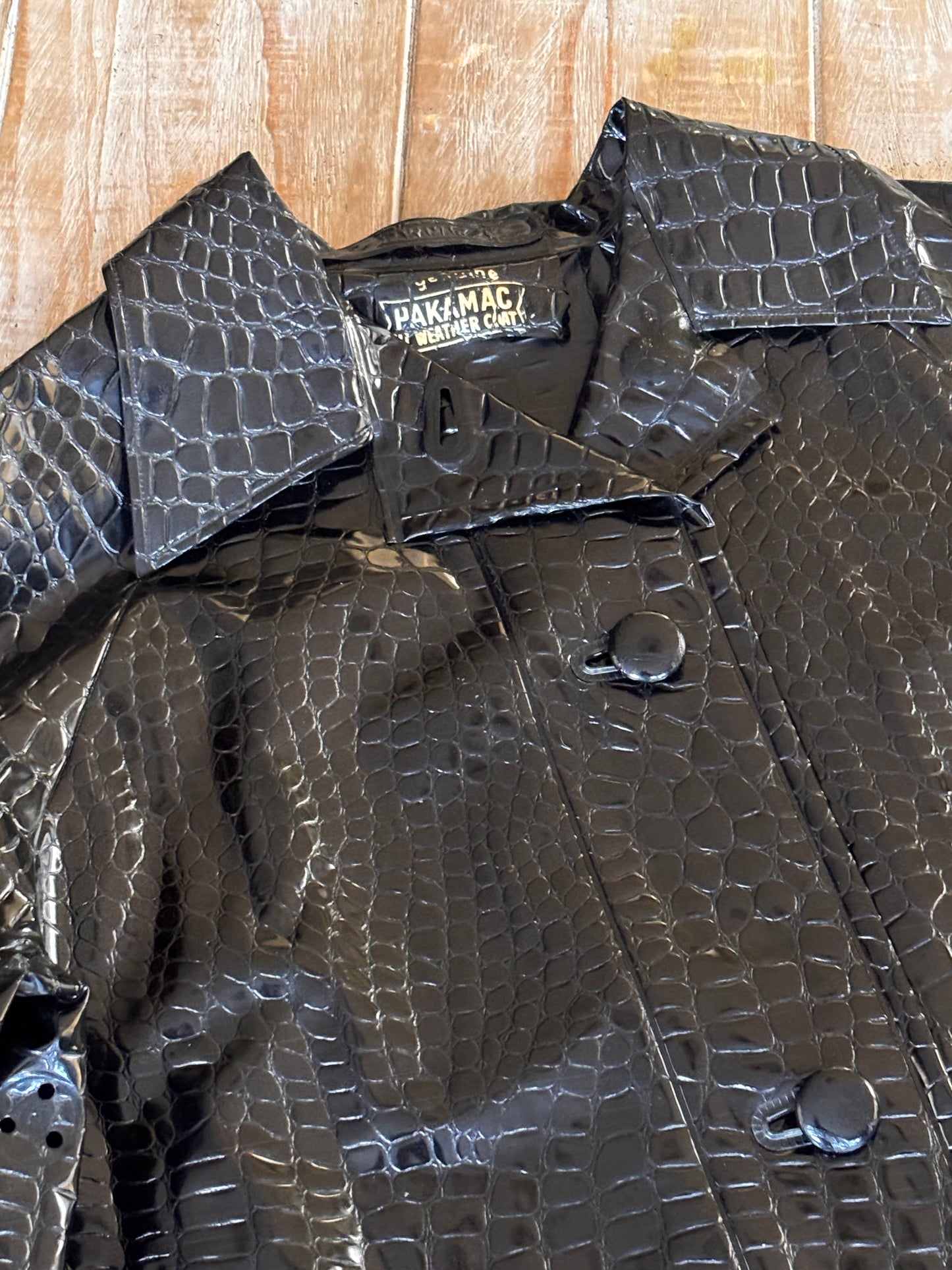 Vintage Early 1960s Wet Look Raincoat - Shiny British Black Vinyl Crocodile Fetish Rainwear All-Weather Coat Size M to L