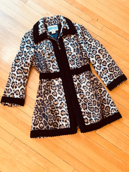Vintage 1960s Leopard Print Coat - Luxe Mod Faux Fur Persian Lamb Designer Zipper Coat Size L