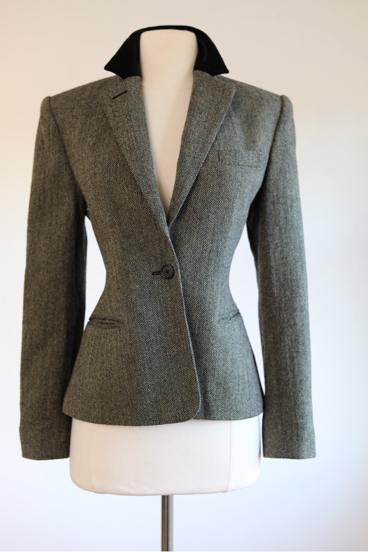 Vintage Y2K Ralph Lauren Blazer - Black + White Wool Tweed Velvet Sculpted Jacket Size S