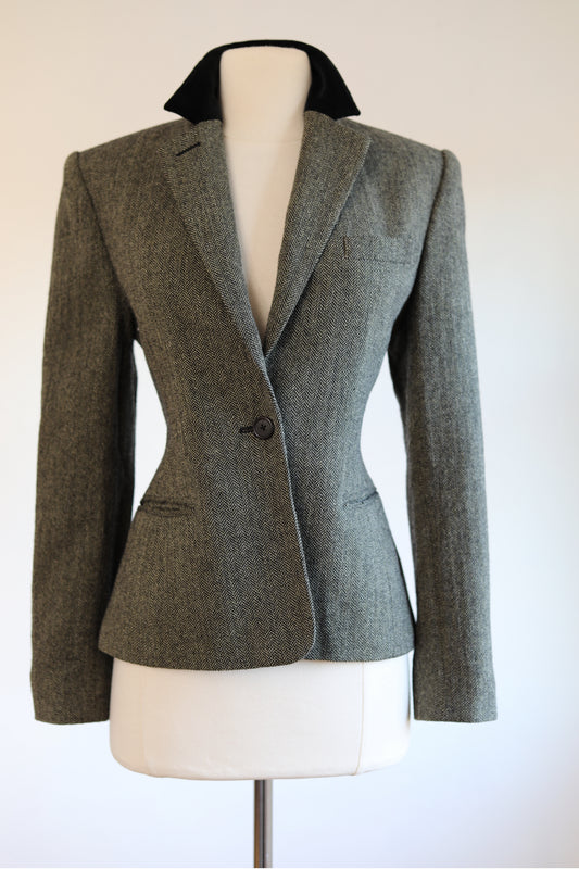 Vintage Y2K Ralph Lauren Blazer - Black + White Wool Tweed Velvet Sculpted Jacket Size S