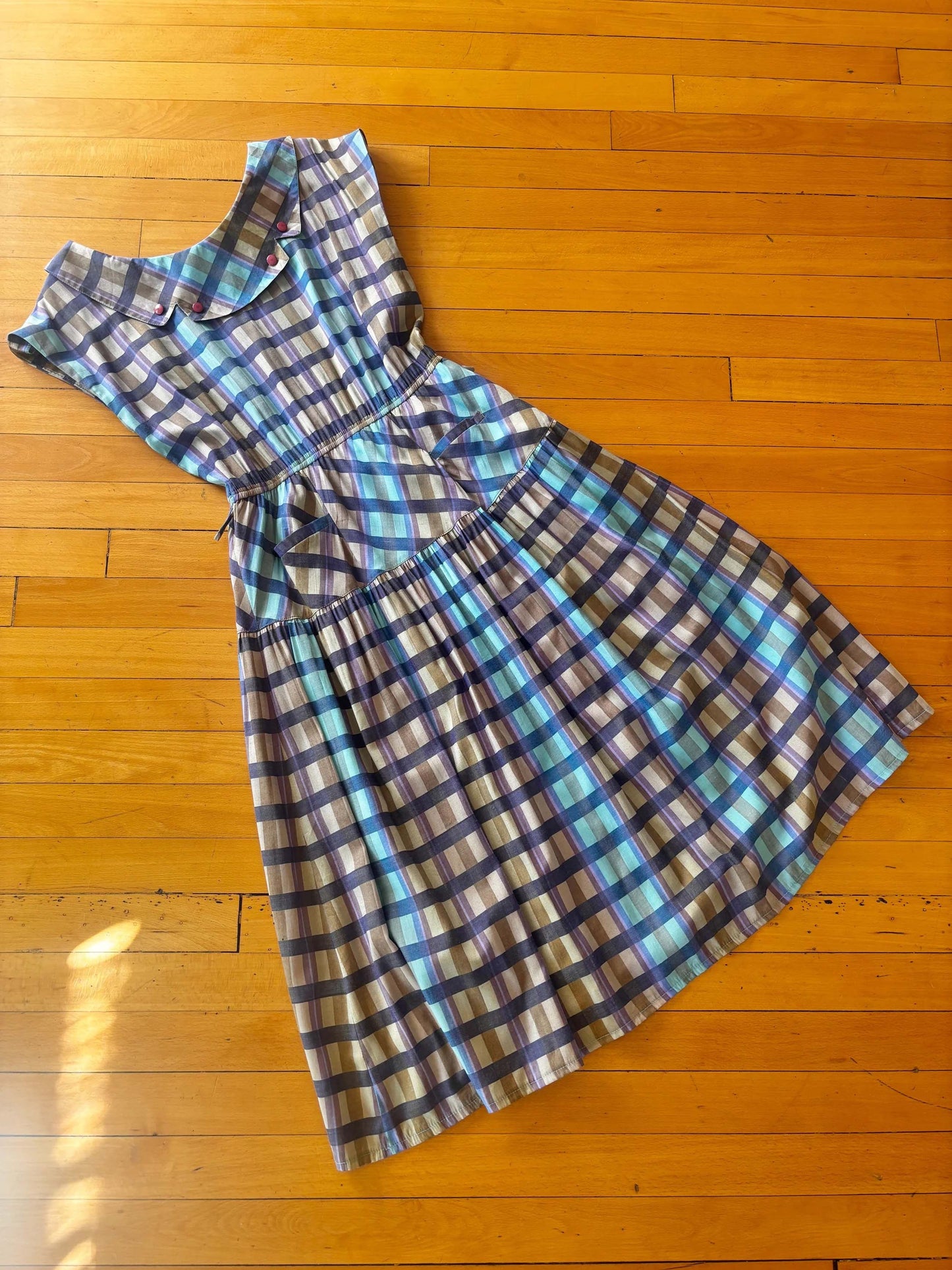 Vintage 1980s Madras Plaid Dress - Darling Violet Aqua Fawn w Button Trim Sundress Size