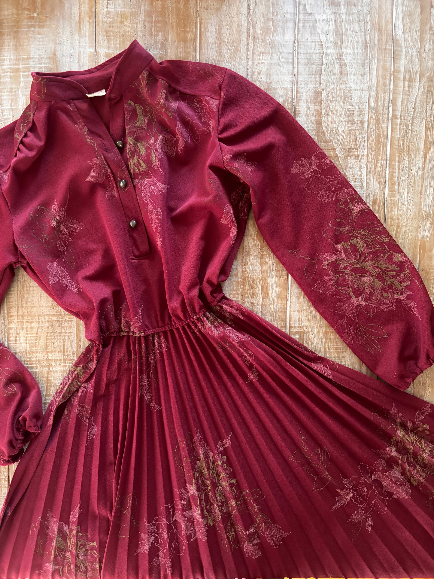 Vintage 1970s Dress - Moody Oxblood Gold Pink Autumn Leaf Balloon Bishop Sleeve Dress Size M