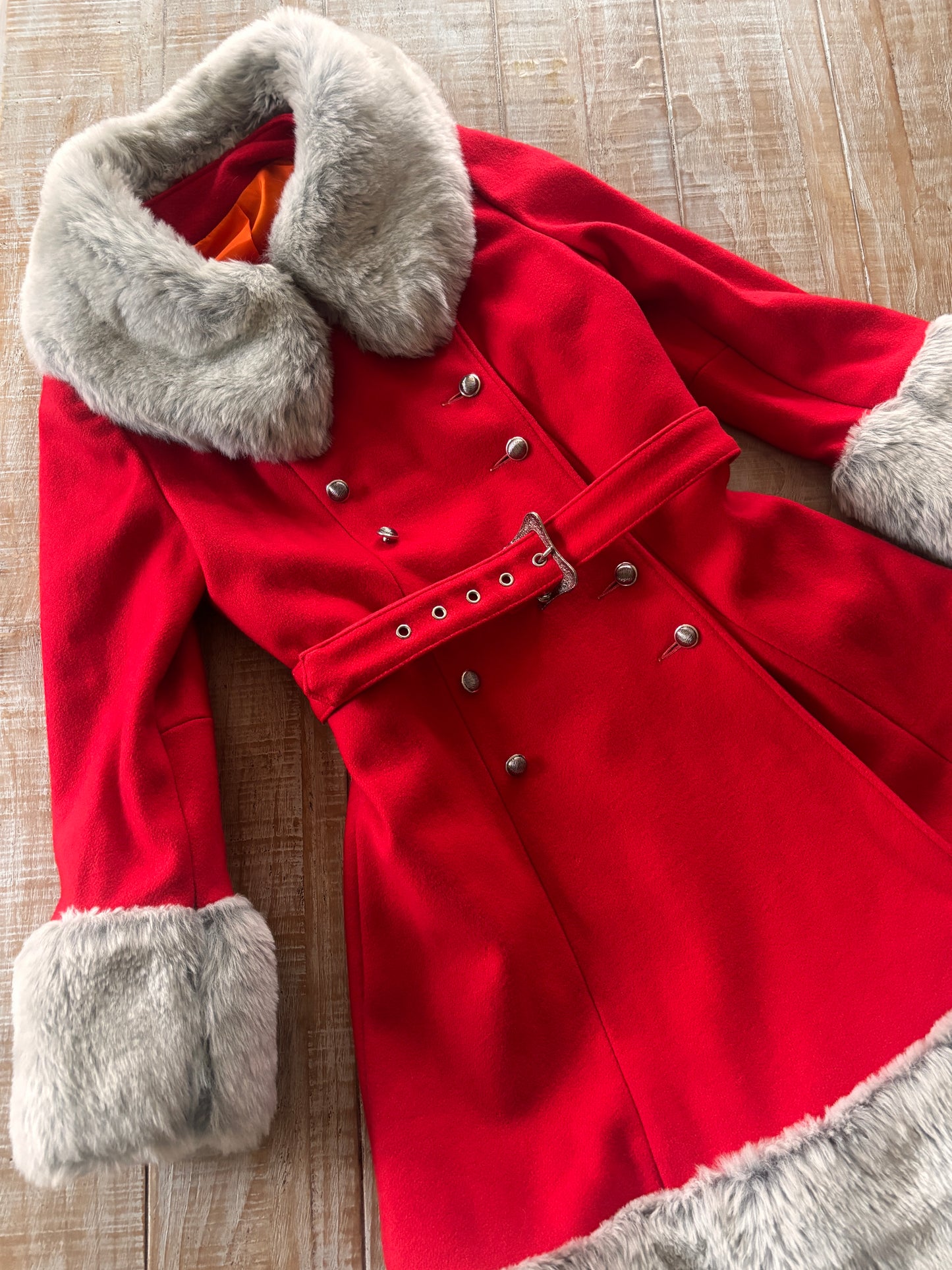 Vintage 1970s Princess Coat - Amazingly Beautiful Mod Crimson Red Wool + Frost Faux Fur Belted Overcoat Size S to M