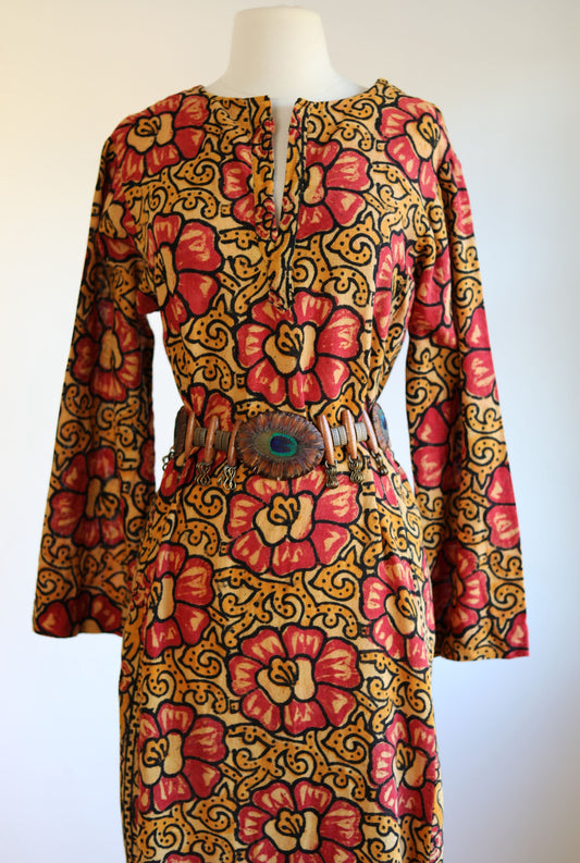 Vintage 1960s to 1970s Indian Gown - Easy-Going Block Print Floral India Cotton Maxi Kaftan Dress Size M