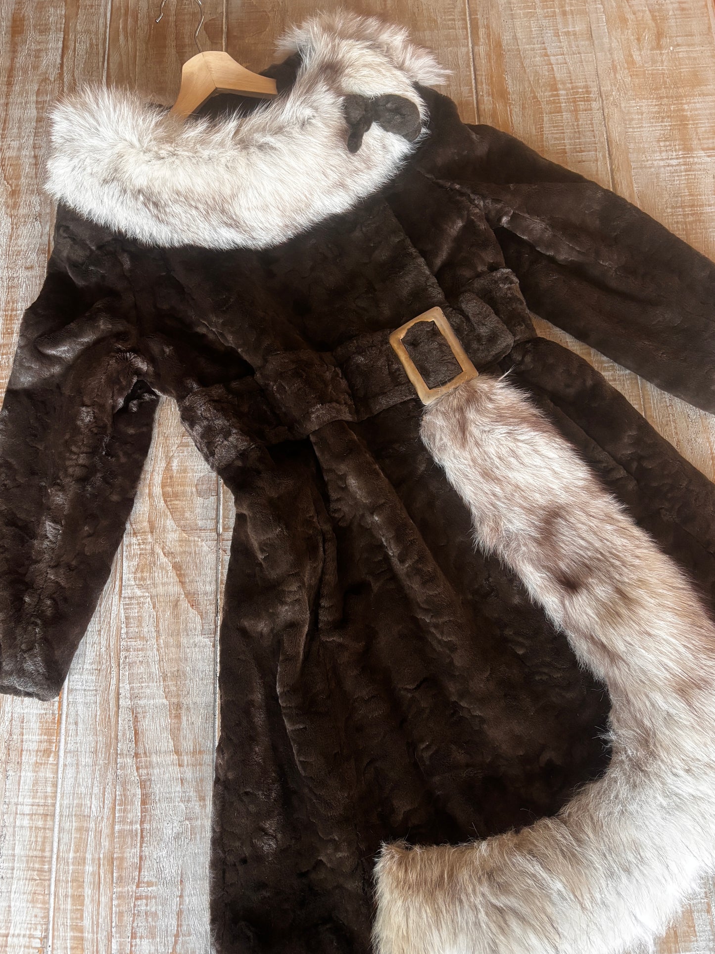 Vintage 1960s Velvet Fur + Fox Princess Coat - Darling Mod Chocolate + Arctic Belted Beauty w Bow Size S to M