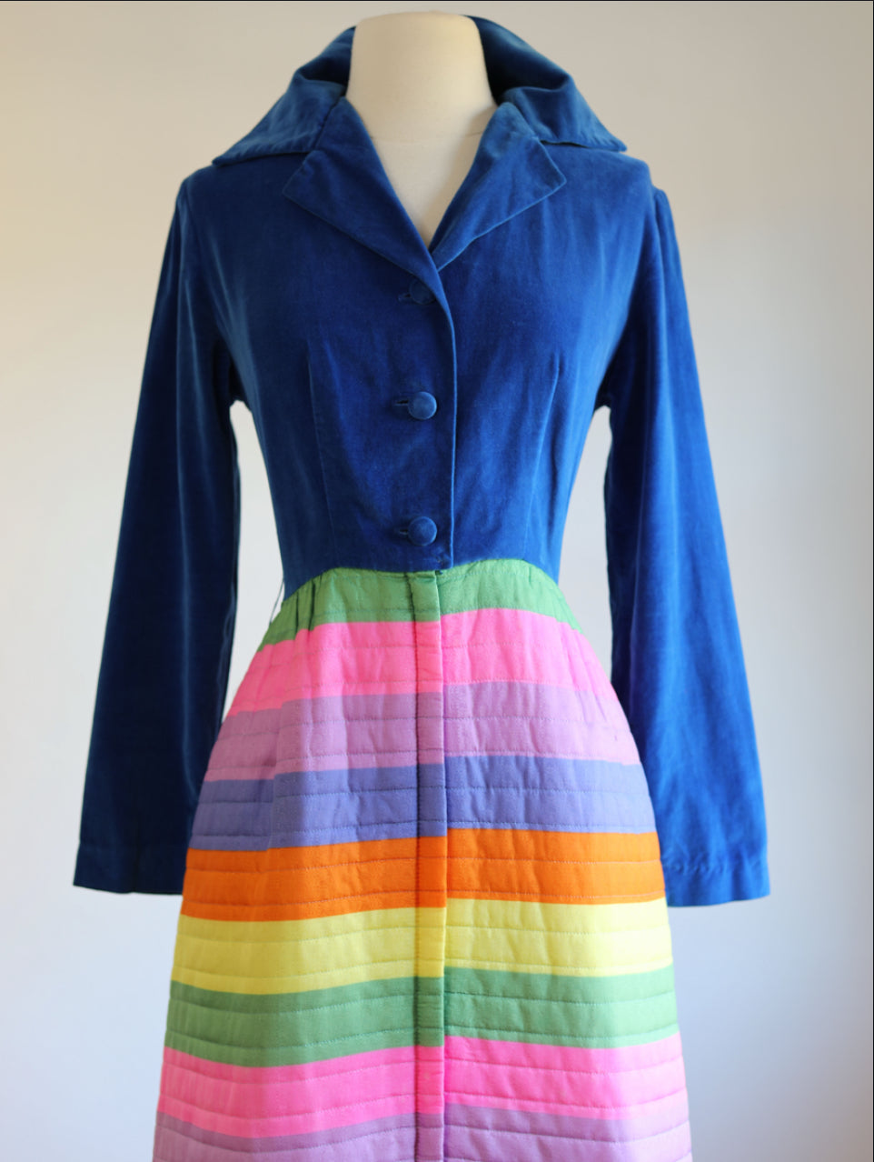 Vintage 1960s Dressing Gown - Silly and Fun Sapphire Velveteen + Rainbow Stripe Quilted Hostess Dress Size M