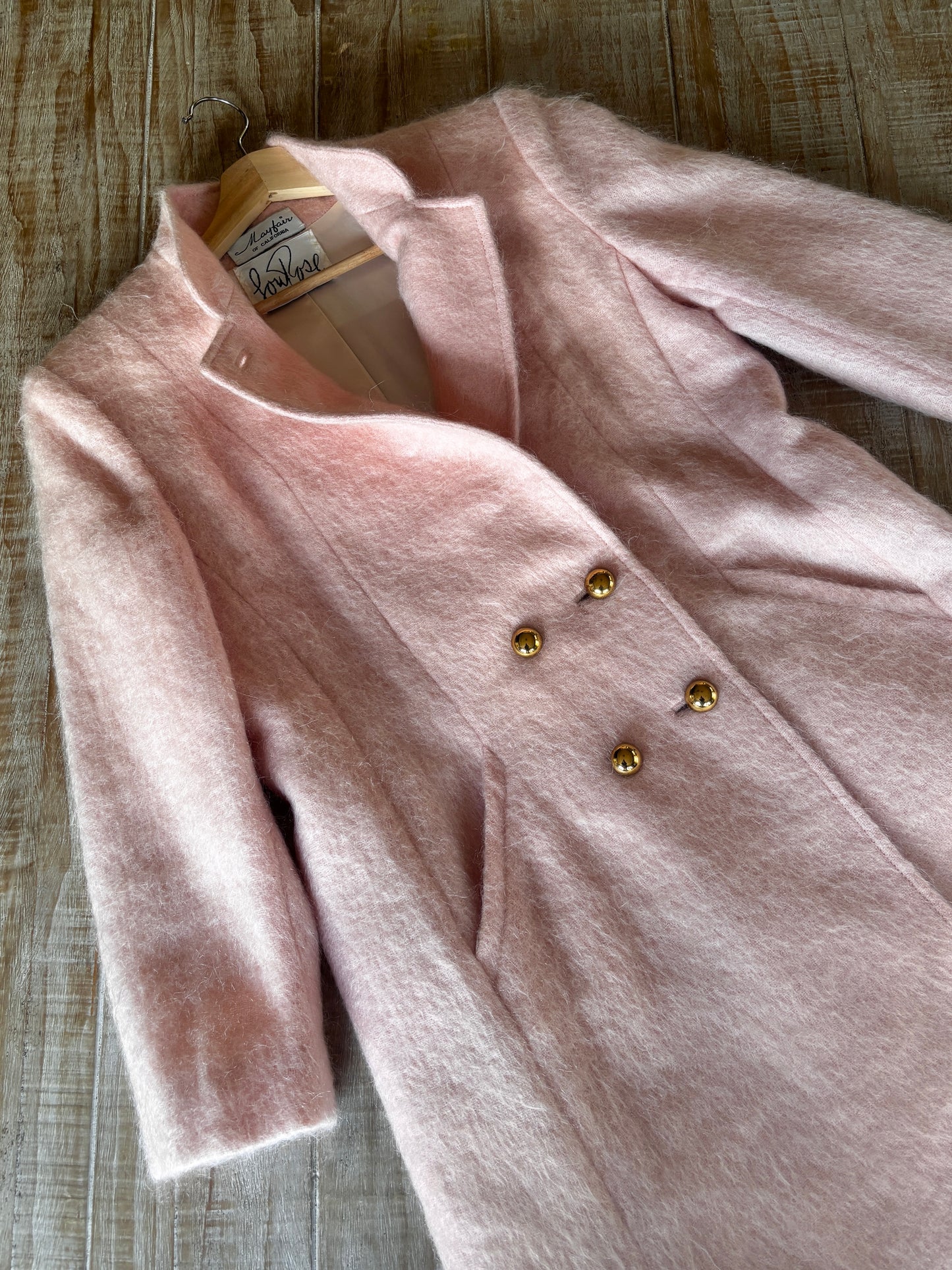 Vintage 1980s Princess Coat - Spectacular + Rare Pastel Pink Designer Mohair Coat w Brass Buttons Size M to L
