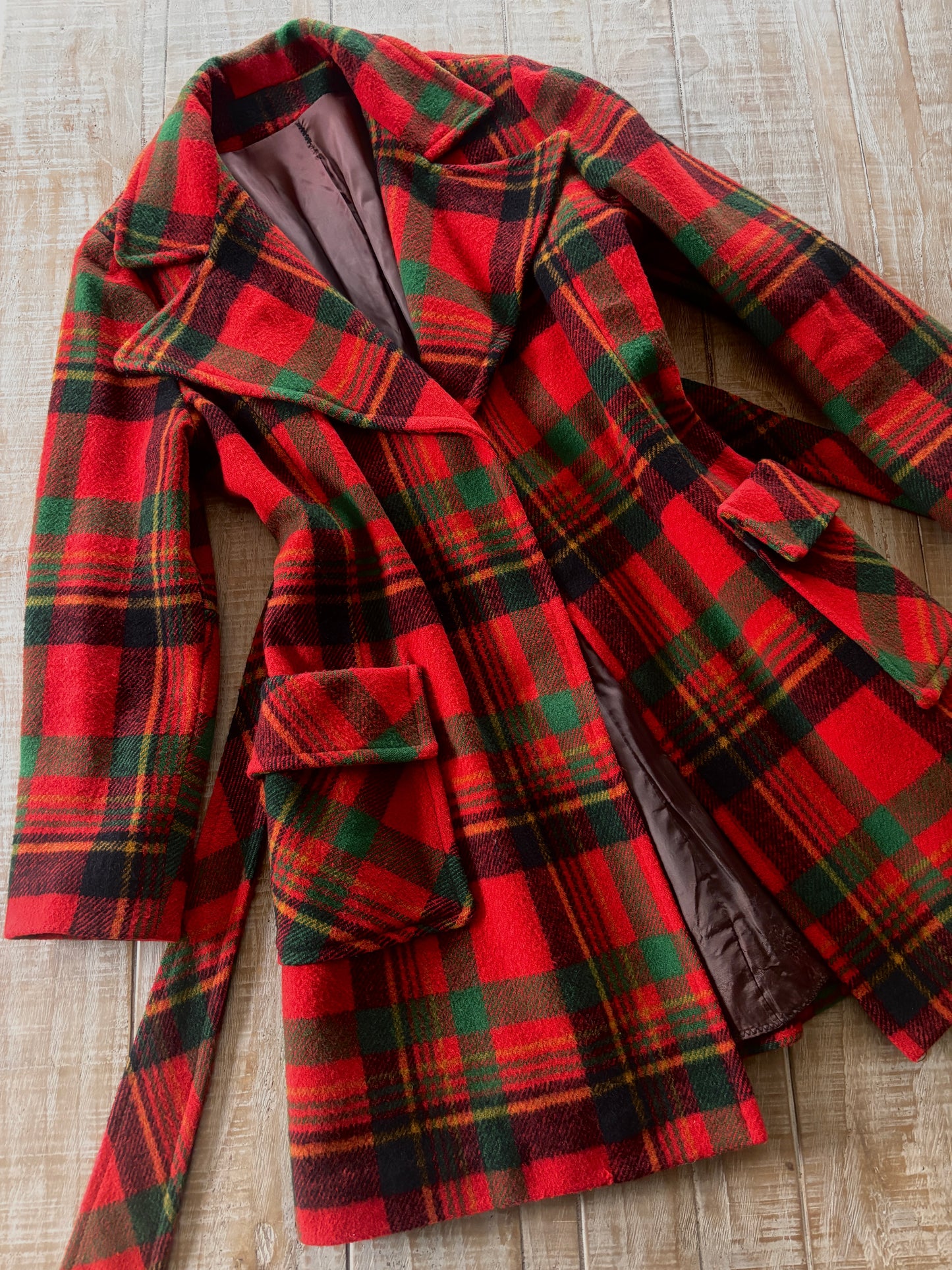 Vintage 1970s Tartan Princess Coat - Rare Red Plaid Belted Wrap Car Coat w Pockets Size S to M