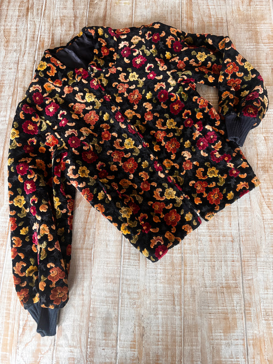 Vintage 1960s Black Carpet Coat - Rich Saturated Colors Chenille Velvet Tapestry Jacket w Metal Zipper Size M to L