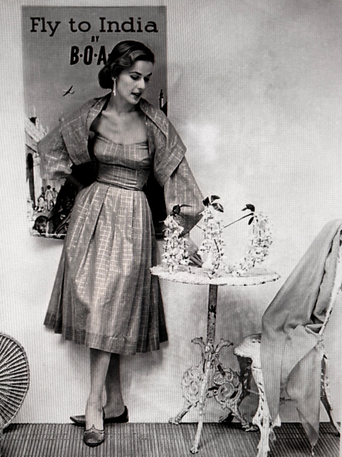 RARE Vintage 1950s Sundress Set - Designer Carolyn Schnurer ca. 1950 "Flight to India" Cotton Plaid Dress + Shawl Size S to M