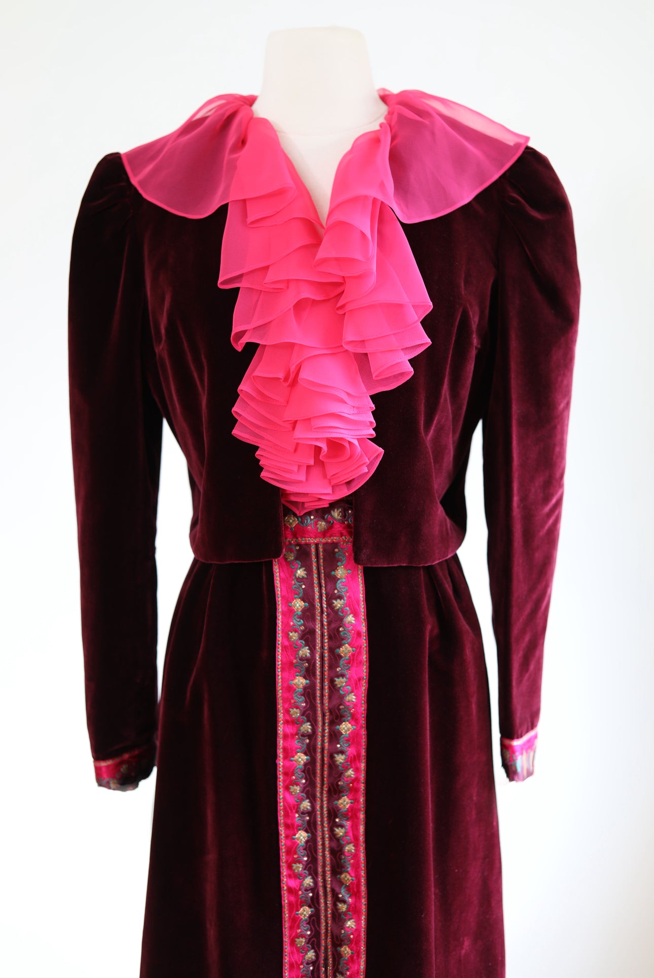 Vintage 1960s Designer Cocktail Set - Jaw-dropping Wine + Hot Pink Jabot Velvet + Satin Dress + Puff Jacket Size M