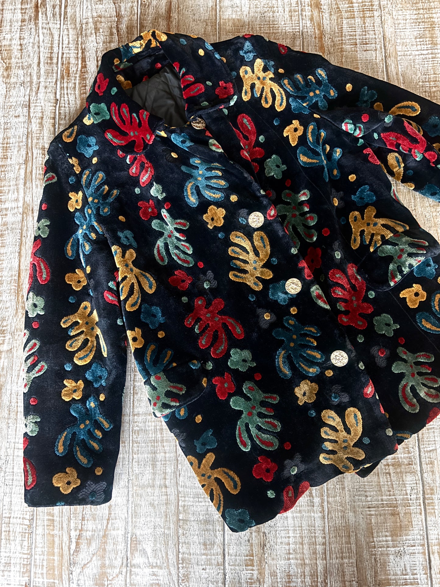 Vintage 1960s Black Carpet Coat - Black + Saturated Colors Velvet Chenille Tapestry Midcentury Modern Car Coat Size Medium to Large