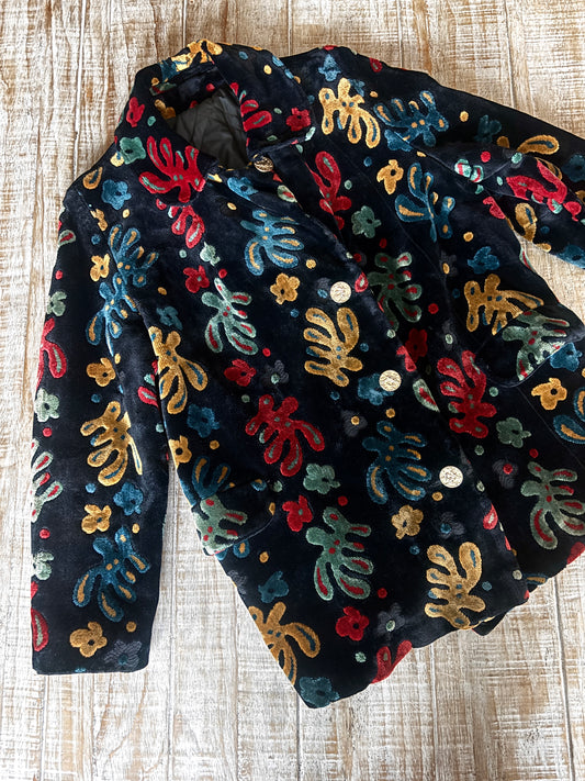 Vintage 1960s Black Carpet Coat - Black + Saturated Colors Velvet Chenille Tapestry Midcentury Modern Car Coat Size Medium to Large