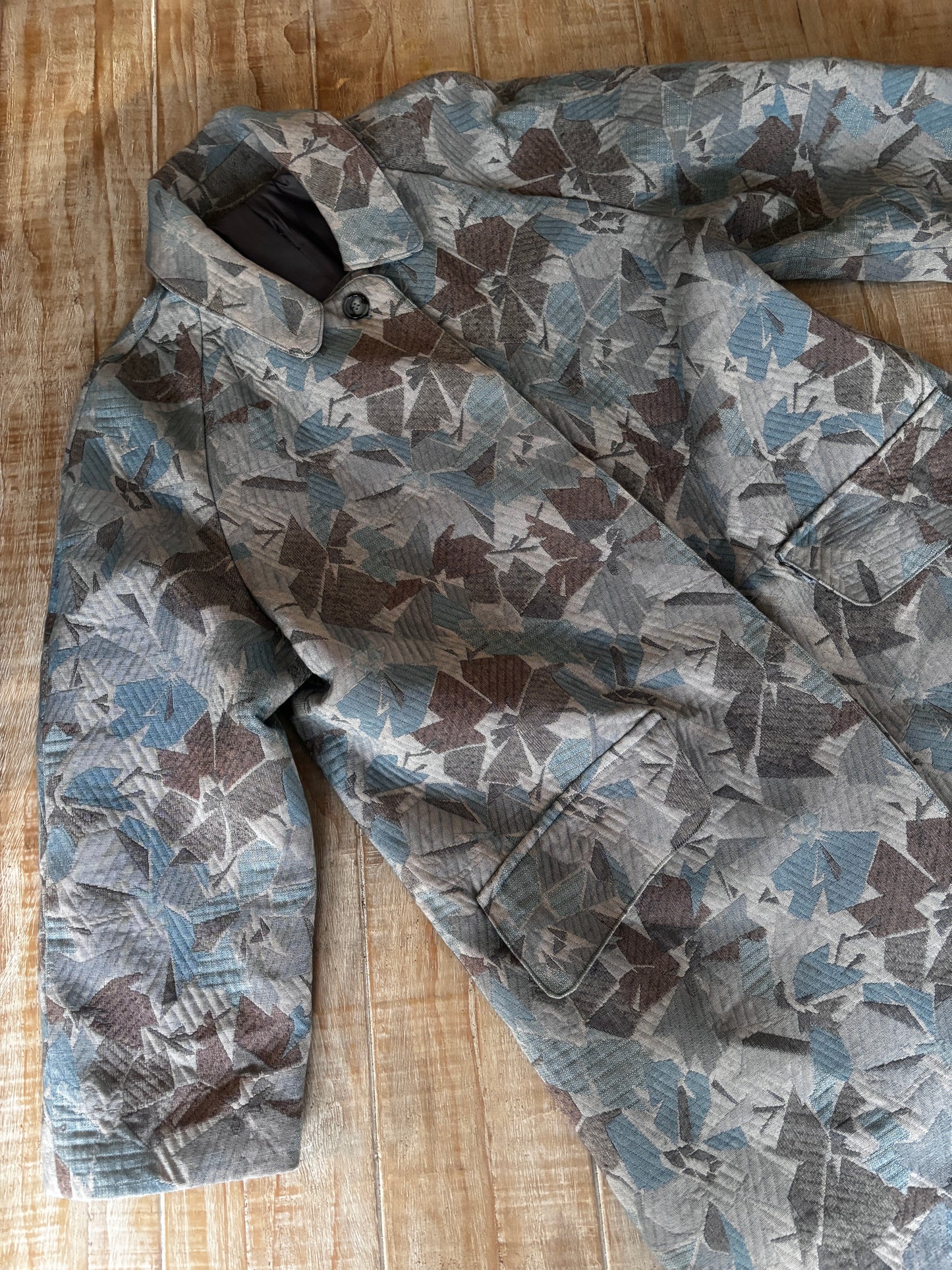 Vintage 1950s Tapestry Coat - Volup! Blue + Neutral Gray Taupe Woven Swing Coat Size L to XL