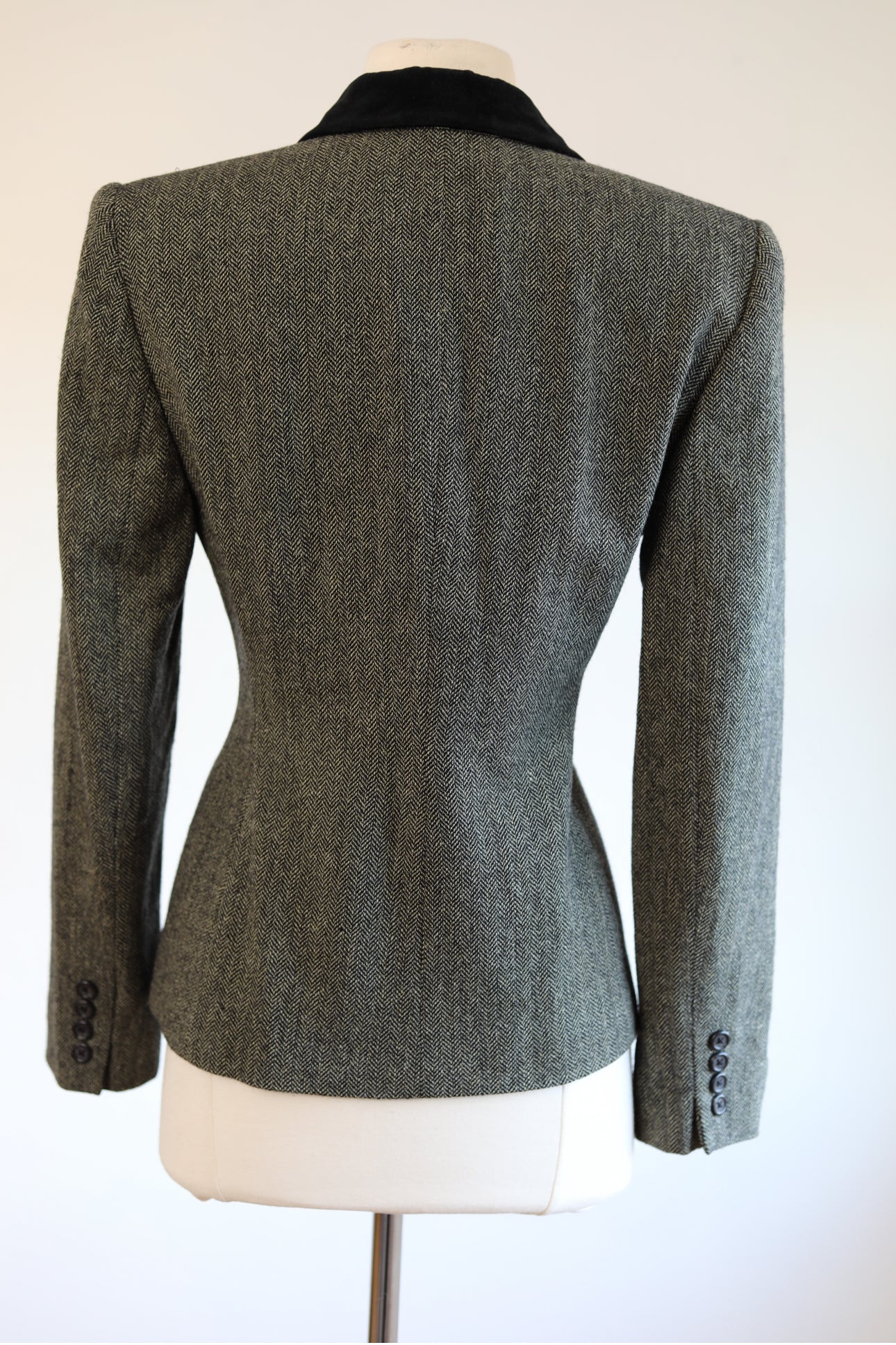 Vintage Y2K Ralph Lauren Blazer - Black + White Wool Tweed Velvet Sculpted Jacket Size S